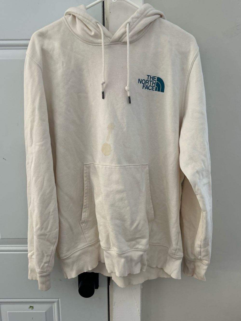 The North Face Men's Off-White Pullover Hoodie with Teal Logo